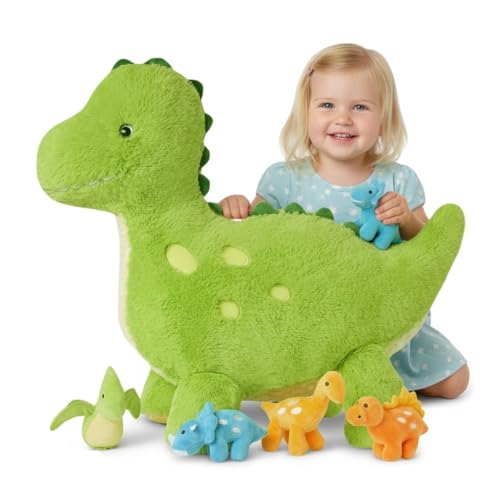Image of Tezituor Cute Dinosaur Stuffed Animal with 4 Baby,27inch Dinosaurs Plush Toys,Giant Mommy Dinosaurs,Large Dino Plushies Gifts for Girls Boys Kids Christmas Easter Birthday Children's Day, Green