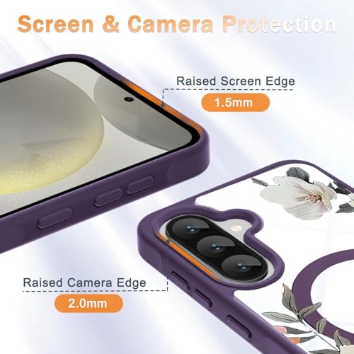 Image of VONZEE Compatible with Samsung Galaxy A36 5G Case Luxury Retro Flowers Floral Clear for Magnetic Wireless Charging Case Shockproof Case PC+TPU Cute Glossy Shiny Cover for Girls Women, Deep Purple