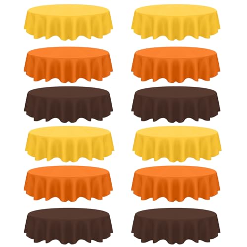 Image of CIEOVO 12 Pack Fall Plastic Tablecloth, Thanksgiving Yellow Orange Brown Disposable Waterproof Round Tablecloth for Fall Harvest Thanksgiving Day Family Birthday Baby Shower Party Decorations