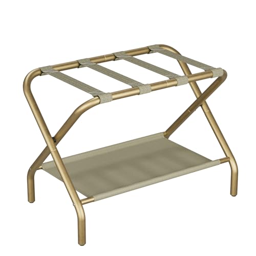 Smuxee Gold Luggage Rack, Foldable Suitcase Stand with Fabric Storage