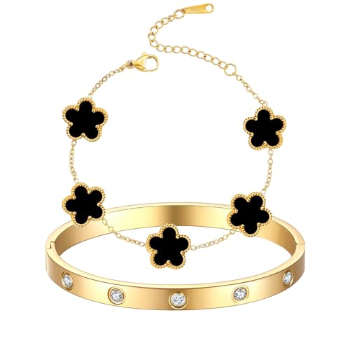 18K Vergoldet Vierblättriges Kleeblatt Armband,Vergoldet Vierblättriges Kleeblatt Anhänger Halskette,Gold Armband Cubic Zirkonia Armreif,Schmuck Set für Geschenke Geburtstags,Valentinstag,Muttertag