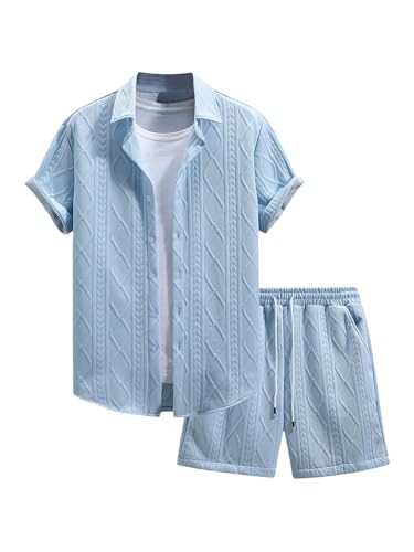 GORGLITTER Men's 2 Piece Outfits Waffle Knit Button Down Shirt