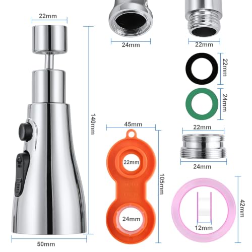 Miniatura 2 de Osdue Aireador Grifo Cocina De 360 Giratorio F24 M22 Con Adaptador, 3 Modos Ajustable, Extension Difusor Atomizador Universal, Grifo Dispositivo Anti Salpicadura Para Cocina, Cuarto De Baño