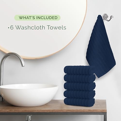 Image of Elegant Comfort 100% Turkish Cotton Corduroy Ribbed Luxury Washcloths 6 Pack Soft 13 x 13 Inch - Higly Absorbent, Durable, Quick Dry, Spa Premium Hotel Quality for Bathroom or Travel, Navy