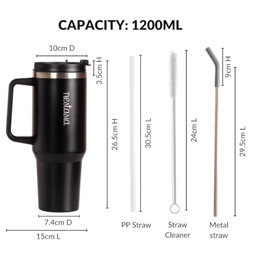 Image of Nestasia GripSip40 Tumbler with Straw & Side Handle 1.2L | Insulated Stainless Steel Sipper Water Bottle for Adults with Dual Flip Opening Sip-Swig Leakproof Lid for Office & Gym (Black Noir)