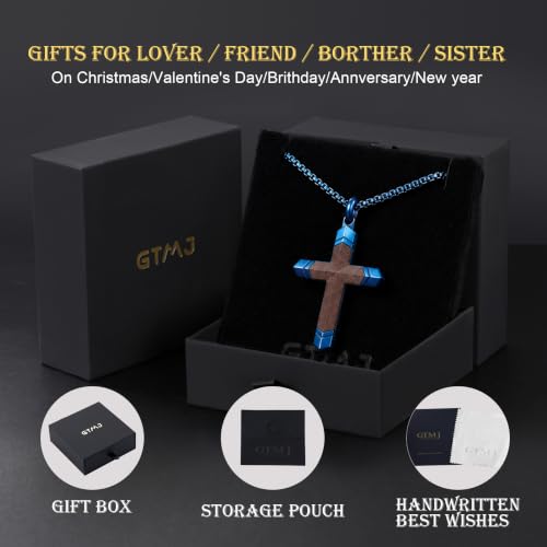 Image of Wooden Cross Necklace for Men with Stainless Steel Adjustable Chain 24-26in, Christian Wood Crucifix Pendant Gift for Him