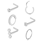 ACKKOR Juego de 6 Piercings para Nariz Plata, Aros y Pernos de Acero Inoxidable con Forma de L para Mujeres y Hombres (8/10mm)