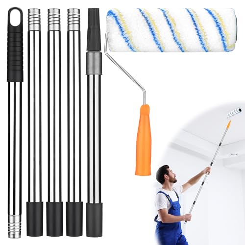 JIZZU Long Rouleau de Peinture Extensible de 200cm, Longs Rouleaux en Éponge pour Peinture avec Perche Peinture Amovibles en Acier Inoxydable, Kit Peinture Mur...