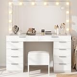 YITAHOME 46' Glass Top Vanity Desk with Mirror with Lights, Large Makeup Vanity Set with 10 Drawers & Storage Stool, Power Outlet, Dressing Table with 3 Adjustable Light Modes, Dressing Room, White