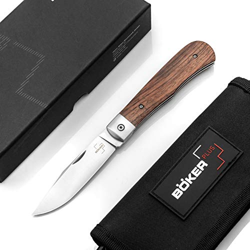 BÖKER PLUS® Bonfire - klassisches Taschenmesser mit dezentem Finger-Flipper- Einhand EDC Messer mit D2 Klinge 8 cm - Profi Klappmesser in Messeretui (Bubinga Taschenmesser)