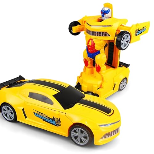 Brinquedo Premium de Carro Robô Transformável com Luzes e Som, Amarelo