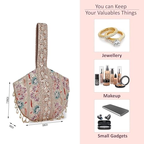 Image of Nevis Stylish Embroidery Unique Design Traditional Wedding Party Handheld Potli Bag for Women (Pink)