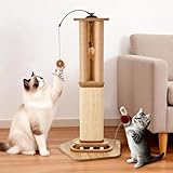 Odoland Cat Scratching Post, 86cm Tall Claw Cat Scratcher for Indoor Cats Sturdy Base with Interactive Track Ball, 360° Rotating Feather Toy, Sisal Rope Vertical Cat Scratcher Post for Large Cat