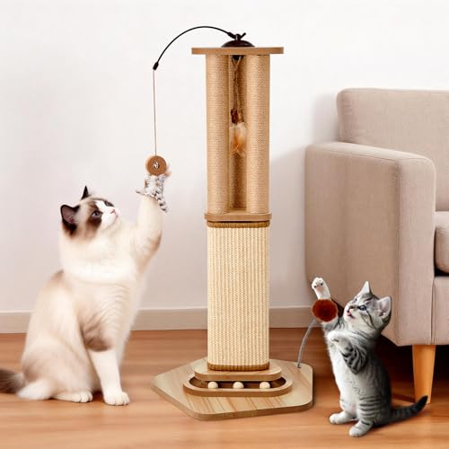 34 Inch Tall Cat Scratching Post for Large Cats, Heavy Duty Natural Sisal Cat Scratcher with Multi Interactive Toys 360° Rotating Feather Toy, Ball T