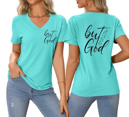 Christian Shirts for Women But God Letter Print Tshirts Religion Faith Graphic Tees Casual Short Sleeve V Neck Tops2