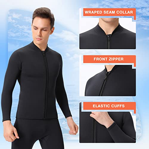 Flexel Wetsuit Top For Men 3Mm, 2Mm Neoprene Wet Suit Jacket Front Zip Long Sleeve Keep Warm In Cold Water For Surfing Swimming Snorkeling And Kayaking (3Mm Black, Medium) #TOP3