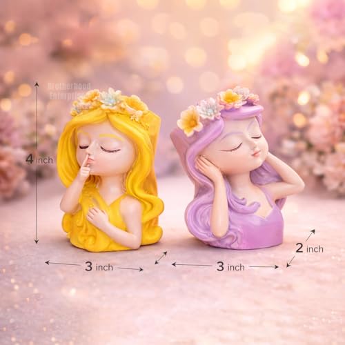 Image of Cute Beautiful Yellow & Purple Girl Resin Succulent Planter Flower Pot Handicraft Pack of 2 Indoor Outdoor Flower Pot Handicraft Planter, Plant Container Set
