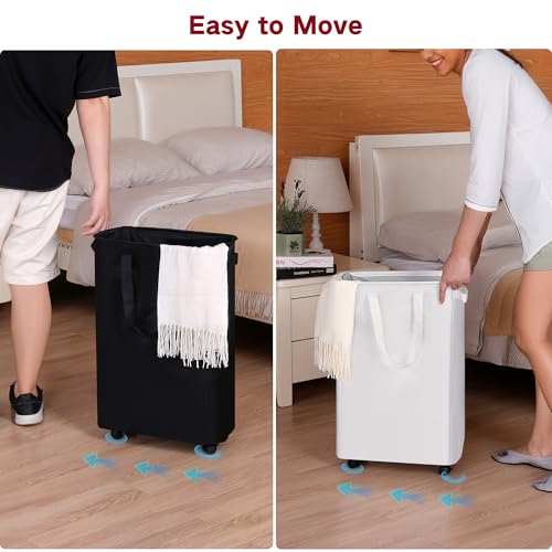 efluky Slim Laundry Hamper with Wheels, Rolling Laundry Basket for Clothes, Small Laundry Basket for Bedroom, Dorm and Laundry Room, 60L (12.7 Gallons) White