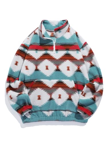 Image of ZAFUL Men 1 /4 Zipper Ethnic Aztec Fleece Unisex Winter Sweatshirt Tops 2026 | Funnel Neck Fluffy Polar Fleece Faux Sherpa Soft Thermal Pullover Kangaroo Pocket Jacket Hoodie Tops