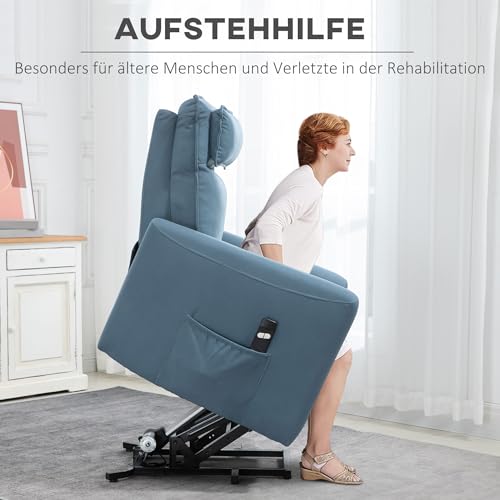 HOMCOM elektrischer Aufstehsessel TV Sessel mit Aufstehhilfe, Liegefunktion gepolstert Relaxsessel mit Fernbedienung, Seitentasche, Fernsehsessel aus Samt, Blau – Bild 7