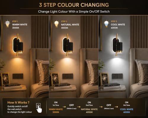 Image of FILLISKA 3 in 1 Single Wall spot /Picture /Display /Mirror Light with Adjustable Head and Colour Changing Function (Black & Gold-085)