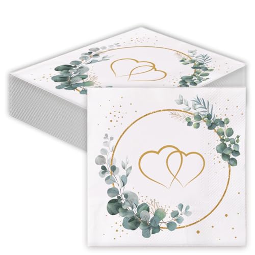 Glamifyr 40 Stück Servietten Hochzeit Servietten Eukalyptus grün Hochzeitsservietten Servietten Herz Goldene hochzeit servietten Salbeigrün für Hochzeit Geburtstag Tischdeko