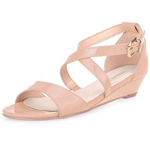 SHOESFEILD Wedge-Sandals-for-Women,Open Toe Nude Heels with Ankle Strappy Shoes for Shopping Wedding Work(308-5,Nude39)