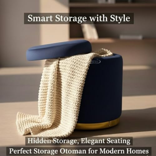 Image of Velvet Round Single Strip Ottoman Office Stool Foot Rest Stool Velvet Fabric Padded Seat Pouf Ottoman 13 X 13X 16 inch, in Round Shape for Living Room Blue