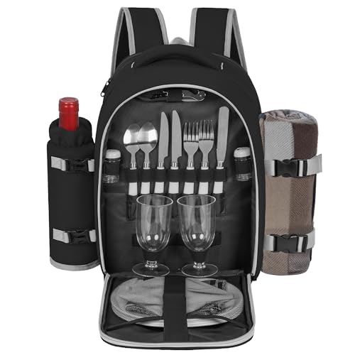 FREEAMG Picnic Backpack for 2 Person with 2 Insulated Leakproof Cooler Compartments, Large Picnic Bag with Cutlery Sets and Blanket, Picnic Basket Backpack for Camping, Hiking, BBQs (Black)