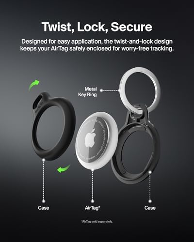 Belkin Apple AirTag Secure Holder with Key Ring - Durable Scratch Resistant Case with Open Face & Raised Edges - Protective AirTag Keychain Accessory for Keys, Pets, Luggage & More - Black - 3