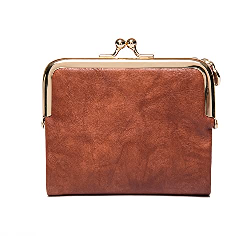 Women Small Bifold Wallet Vintage Kiss Lock Purse Leather Zipper Coin Pocket Ladies Summer Wallet, Brown, EBDTEODOB-B0BYHNPW98