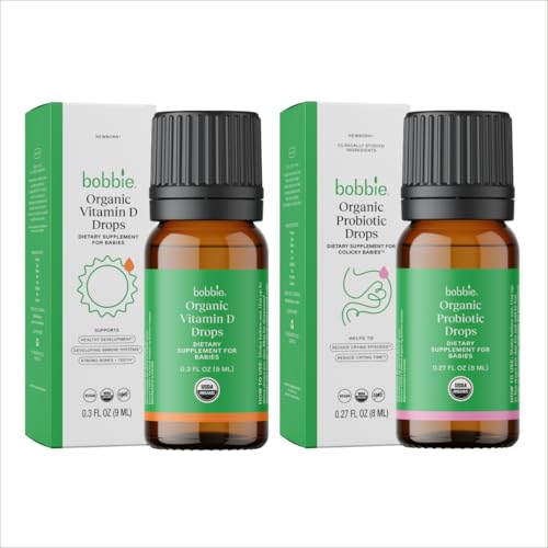 Image of Bobbie Organic Baby Vitamin D and Probiotic Drops Bundle, Daily Liquid Supplements for Immune, Teeth, Bone and Digestive Health Support in Newborn Babies and Infants, Vegan, Infant-Friendly Formula
