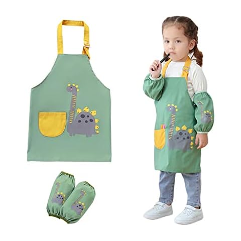 Delantal Niños Pintura Delantal Ajustable para Niñas/Niños Delantal Pintura Infantil Delantal Infantil Dinosaurios Impermeable Con Bolsillos y Mangas, para Pintar Cocinar Hornear de Niños de 2-5 Años Cover