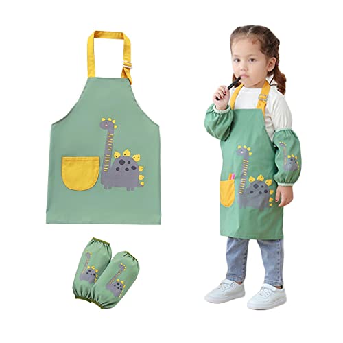 Delantal Niños Pintura Delantal Ajustable para Niñas/Niños Delantal Pintura Infantil Delantal Infantil Dinosaurios Impermeable Con Bolsillos y Mangas, para Pintar Cocinar Hornear de Niños de 2-5 Años