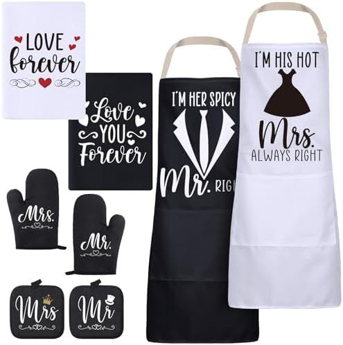 Mr and Mrs Aprons for Couples Gifts, Hubby and Wife Aprons Towels Oven Mitts Pot Holder Wedding Gifts for His and Her