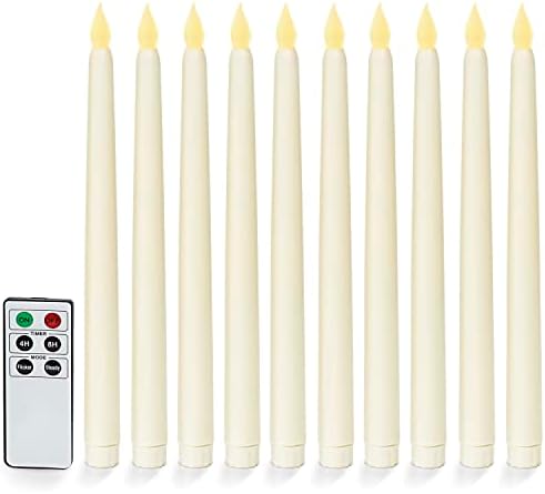 Flameless Taper Candles Battery Operated LED, 10 Inch, Set of 10 Flameless Candles, Ivory Wax, Flickering Flameless Candles, Remote Control with Timer, Tapered Candlesticks Batteries Included