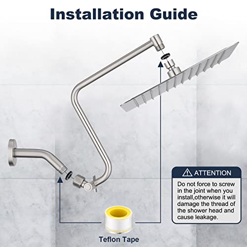 Pdpbath 12 Inch Rain Shower Head With Upgrade Adjustable Extension Arm, 304 Stainless Steel High Pressure Rainfall Showerhead, All Metal Large Square Waterfall Fixed Showerhead thumb #5