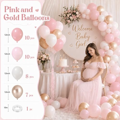 Image of Pink and Gold Balloons, 12 Inch Pastel Light Pink and Pearl Sand White Latex Balloon with Metallic Champagne Gold Beige Balloon for Boho Princess Women Birthday Baby Bridal Shower Wedding Engagement
