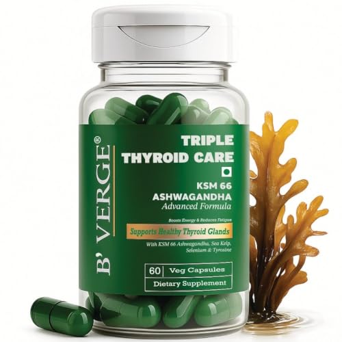 Image of B'VERGE Thyroid Supplement | With Ashwagandha ksm66 | Fast-Acting Formula | Enriched with Sea Kelp, Zinc, Selenium & L-Tyrosine | Promotes Healthy Thyroid Function (60 Capsules (Pack of 1))