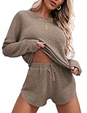 Ekouaer Womens Waffle Knit Pajama Sets Long Sleeve Top and Shorts Matching Lounge Set Sleepwear Loungewear Sweatsuit with Pockets Camel Medium