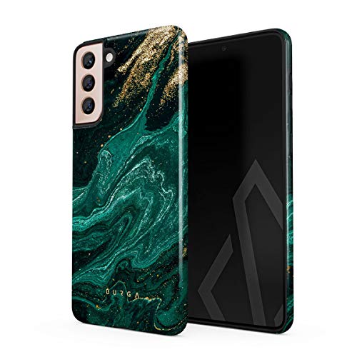 Burga Phone Case Compatible With Samsung Galaxy S21 Plus - Hybrid 2-Layer Hard Shell + Silicone Protective Case -Emerald Green Jade Stone Gold Glitter Marble - Scratch-Resistant Shockproof Cover #TOP16