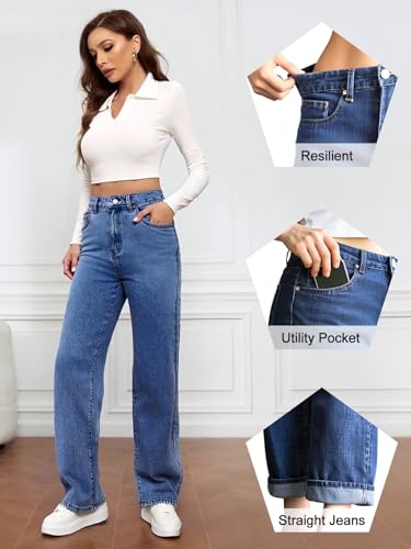 LONGBIDA Women's High Waisted Straight Leg Jeans with Tummy Control - Stretchy Denim Pants Classic Relaxed Fit3