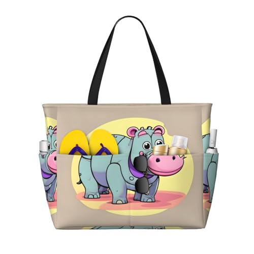 Cartoon Hippo Print Unisex Large Capacity Beach Travel Bag Vacation Picnic Sport Tote Portable Gym Bag