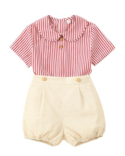 Image of Twoflower Toddler boys Summer Short Sleeve outfits，Baby boy set striped clothes button down birthday shirt