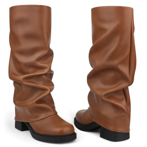 Image of Buckle Chunky Heel Knee High Boots Fall Winter Commute | chunky heel boots, knee high boots, sqaure toe boots