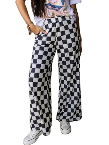 Sunloudy Womens Checkered Wide Leg Pants High Elastic