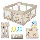 Foldable Baby Playpen with 4 Handle Rings, 30 Ocean Balls, Net Basket and Mat, 50"x50" Portable Collapsible Play Yard for Indoor and Outdoor Use