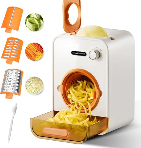 Efficient Electric Cheese Grater with 3 Set Blades, Slicing & Grating & Shredding for Carrots, Potatoes, Cabbages & More Vegetables & Salad, 4" Large Feed Tube, Built-in Blade Storage Box