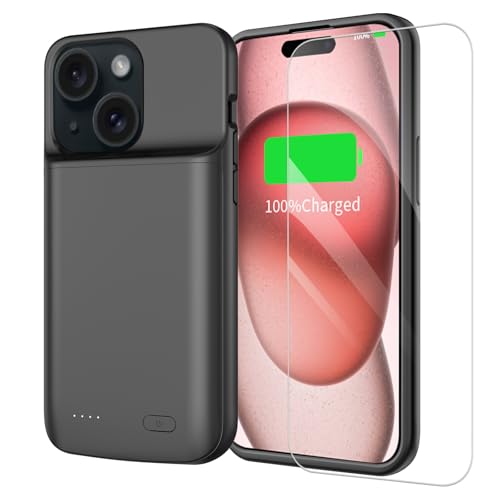 FLSTOR Battery Case for iPhone 15, Rechargeable & Heavy Duty, Convenient Charging Case, Extra Battery Life for iPhone 15 (Fits 6.1 inch ONLY), Includes Screen Protector, Black