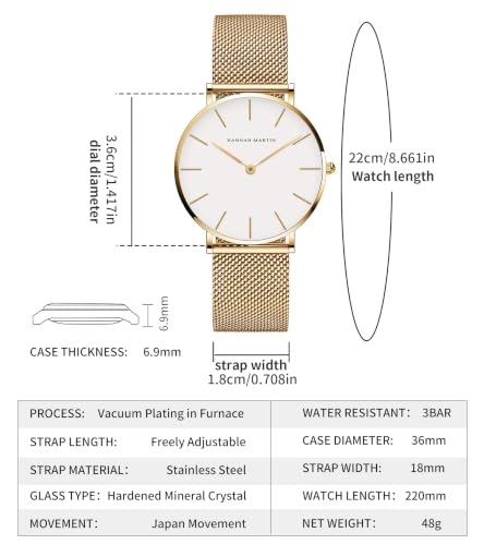 Image of HANNAH MARTIN Watches for Women Analog Women's Watch with Stainless Steel Expansion Band Minimalist Slim Dial 30M Waterproof Ladies Dress Wristwatch for Casual Daily Business